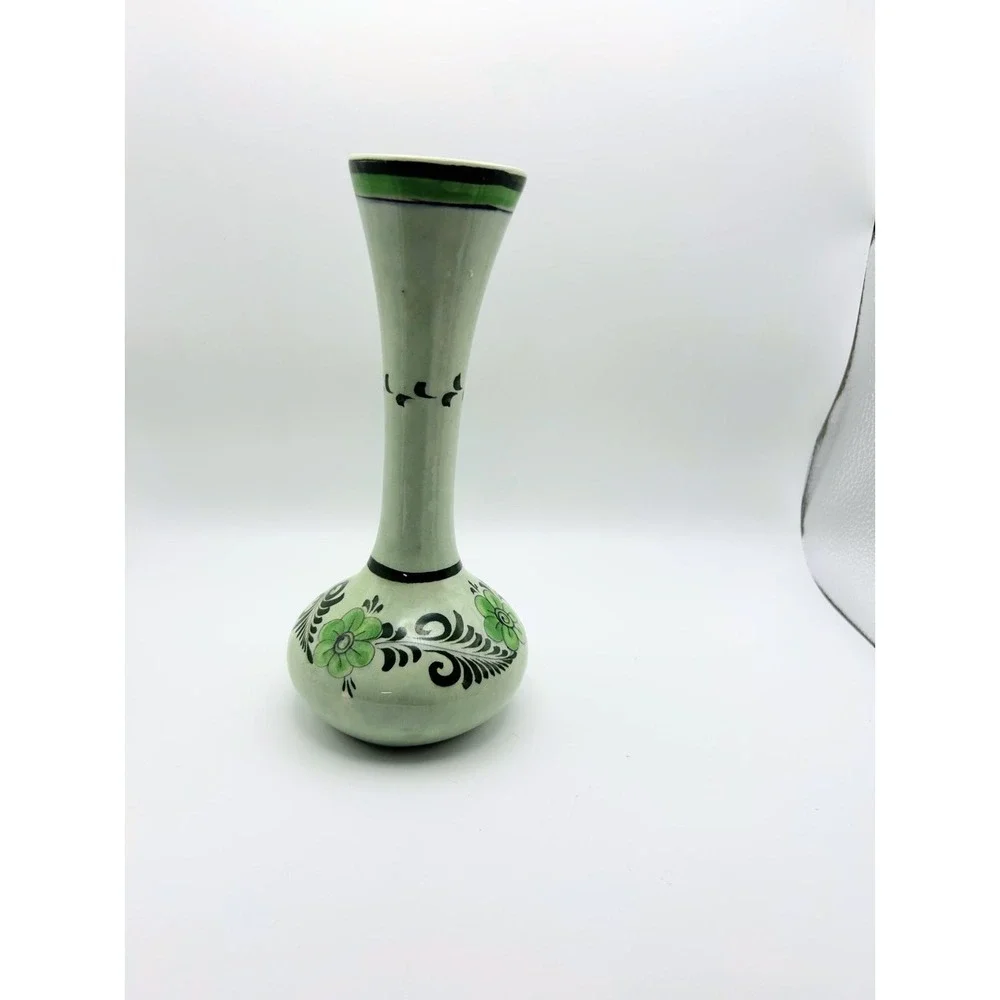 Vintage CAT Mexico‎ Hand Painted Pottery Bud Vase Green Floral Folk Art 8.5